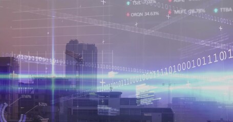 Data feed activating, tall tower receiving scrolling binaries and pulsing graphs, showing city data - Powered by Adobe