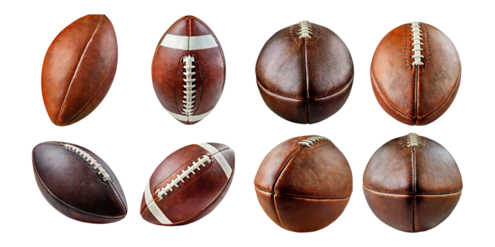 Collection of eight american footballs and rugby balls in various shades of brown and white isolated on transparent background