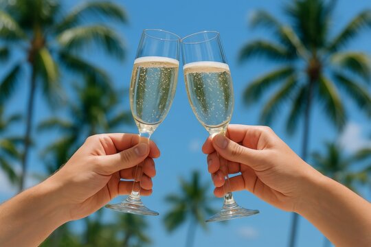 Two hands clinking champagne glasses against a tropical palm tree background under a clear blue sky celebrating a vacation or special occasion. Ai generative