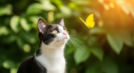 A black and white domestic cat gazes at a yellow butterfly in a lush green garden. The scene captures a moment of curiosity and nature's beauty.