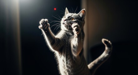 A playful gray tabby cat with green eyes is reaching for a red laser dot in a dimly lit room. The cat appears energetic and curious.