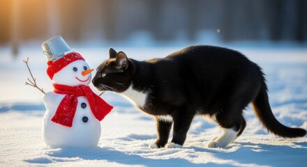 A black cat approaches a snowman in a snowy landscape. The snowman wears a red scarf and a silver bucket hat. Soft sunlight illuminates the scene.
