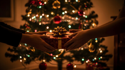 Giving a Christmas gift in front of the glowing tree creates holiday cheer and festive memories perfect for heartwarming seasonal campaigns