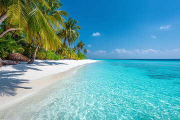 A pristine white sand beach fringed by palm trees, leading to crystal-clear turquoise waters under a brilliant blue sky.