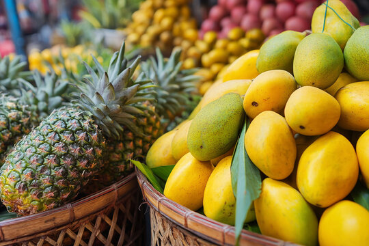 A close-up of fresh tropical fruits like mangoes and pineapples displayed abundantly at a bustling roadside stall, vibrant and delicious.