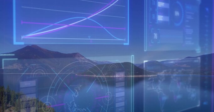 On sensor pulse HUD overlay animating over mountain lake, charts rising to show live trends