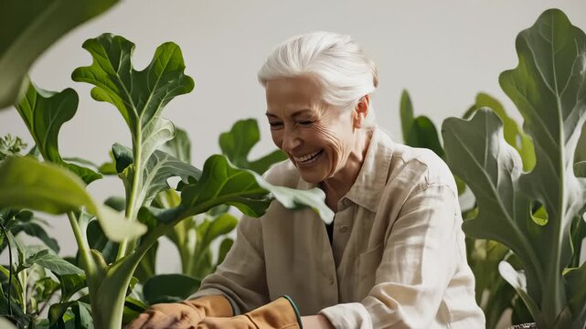 Senior Woman Laughing While Gardening With Plants