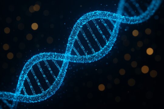 Glowing blue DNA double helix made of particles on dark background with bokeh lights, symbolizing genetic science and biotechnology concept. Ai generative