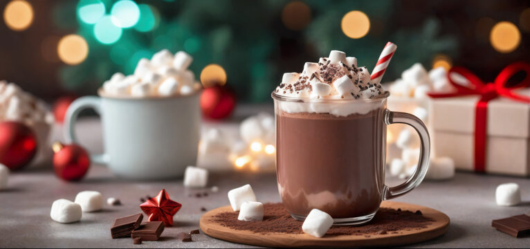 Christmas mug of hot chocolate with cream and sweets