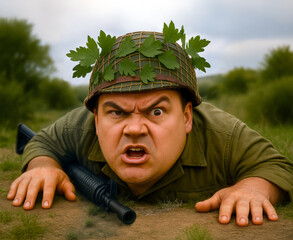 Fototapeta premium Angry determined soldier lying on the ground with rifle and helmet covered with leaves in an outdoor field