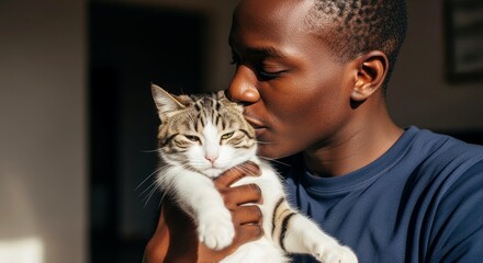 Young Black man kissing his cat in a warm indoor environment with soft lighting