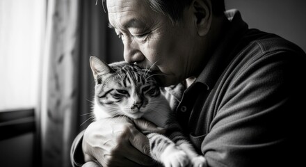 Elderly Asian man lovingly holding his cat in a serene indoor setting