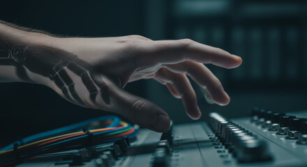 A close-up shot of a hand expertly manipulating the controls of a sound mixing console. This image encapsulates the dedication of a sound engineer during the recording or production process.
