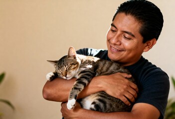 A young Hispanic man with black hair smiles while holding a gray tabby cat in his arms. The background features soft indoor lighting and green plants.