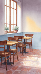 Obraz premium A Serene Café Interior Featuring Wooden Tables, Greenery, and Soft Sunlight Creating an Inviting Atmosphere for Relaxation and Socializing