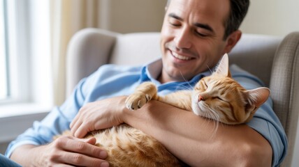 A smiling Caucasian man in a blue shirt holds a relaxed orange tabby cat in his arms. They are seated in a cozy living room with natural light.