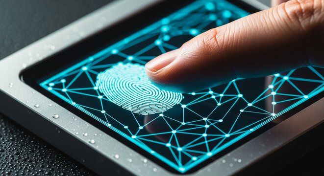 A close-up captures a detailed view of a finger making contact with a fingerprint scanner, as a glowing digital outline of the unique fingerprint pattern emerges on the device.