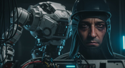 A determined engineer with a focused gaze works on the complex circuitry of a sleek robot, embodying human ingenuity and the future of technology.