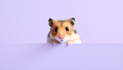 Cute hamster peering over a pastel purple surface, its tiny paws visible, showcasing its adorable, inquisitive nature
