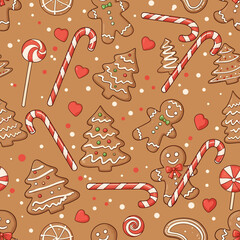 Festive Christmas holiday seamless pattern featuring gingerbread man cookies, trees, and sweet candy canes on a brown background