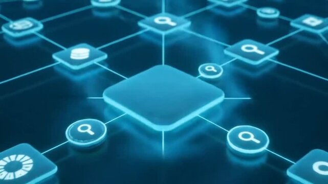 A dynamic 3D animation showing a glowing blue gear icon in a sphere expanding into a complex network connected to an "AI Core" data server icon.