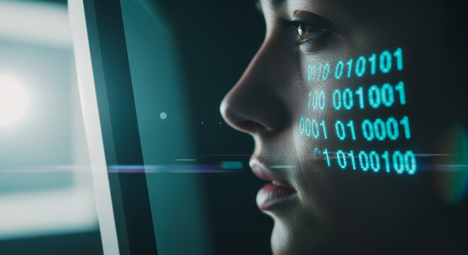 A person explores the digital realm, their face illuminated with a stream of binary code reflecting the ever-evolving world of technology.