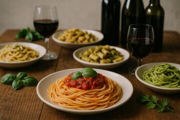 Assorted Italian pasta dishes with wine glasses on rustic wooden table background featuring vibrant sauces and herbs in cozy dinner concept setting. Ai generative