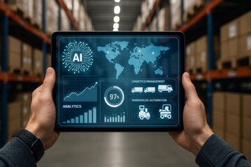 Digital tablet showing AI-driven logistics and warehouse automation dashboard in warehouse environment, emphasizing data analytics and supply chain concept. Ai generative