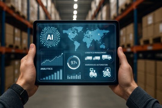 Digital tablet showing AI-driven logistics and warehouse automation dashboard in warehouse environment, emphasizing data analytics and supply chain concept. Ai generative