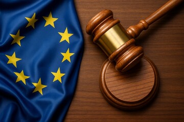 European Union flag and judge's gavel symbolizing legal authority and justice system on wooden background, concept of international law and governance. Ai generative