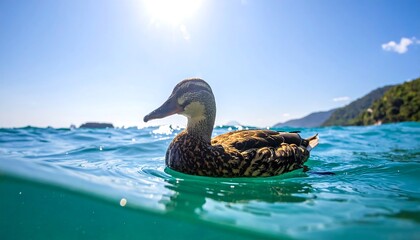 Sunny shot of a duck floating serenely on calm turquoise waters under a clear blue sky