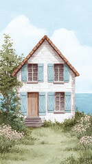 Charming Coastal Cottage Surrounded by Lush Greenery: A Tranquil Seaside Retreat Captured in Watercolor