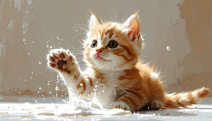 Cute orange tabby kitten playfully batting at spilled milk, its paws submerged, digital painting style