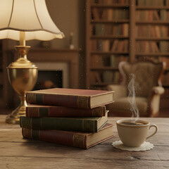 An inviting and tranquil cozy reading nook setup with antique books, a steaming cup, and warm lamplight on a rustic wooden table, perfect for quiet study or relaxation in a traditional home library