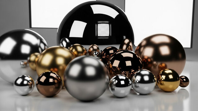 Abstract composition of lustrous gold, silver, and bronze metallic spheres and reflective black domes on a pristine surface, capturing studio light reflections.
