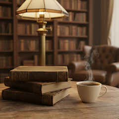 Cozy Reading Nook Books and Coffee in a Warm Library Setting - Perfect for Relaxation and Study