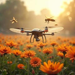 Drones pollinate flowers in a vibrant garden