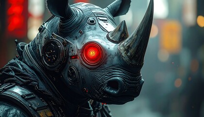 Cybernetic rhino with a glowing red eye stands against a bokeh background in the city