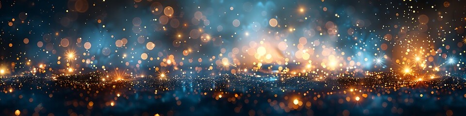 Obraz premium Panoramic Bokeh Lights Abstract Background in Blue and Orange Glow