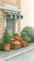 Fototapeta premium Charming Outdoor Fruit Market: Fresh Produce Baskets Delightfully Displayed in a Quaint Street Setting with Lush Greenery