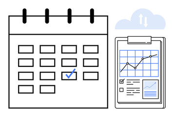 Calendar with a checkmark on a day and a clipboard showing a graph and report data. Ideal for planning, scheduling, organization, productivity, data tracking, time management, simple flat metaphor