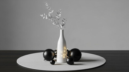 Chic and minimalist holiday table decor with a white ceramic vase, delicate eucalyptus, sparkling string lights, and matte black christmas baubles.