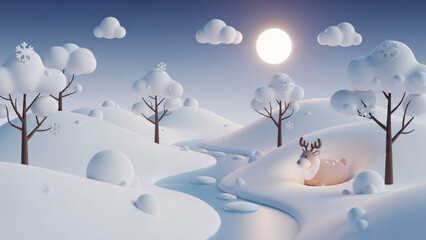 A serene 3d cartoon winter wonderland scene featuring snow-covered hills, bare trees, a winding frozen river, and a peaceful deer under a bright sun.