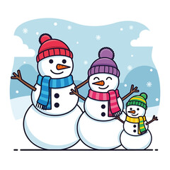 Cute vector illustration of a snowman family enjoying the winter holidays together with snow falling in the background
