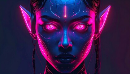 Cybernetic woman with glowing magenta eyes and neon blue skin, detailed cybernetic facial enhancements