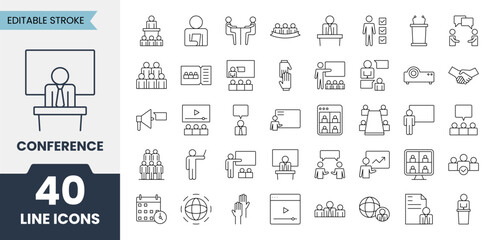 Conference line icons set with editable stroke. Contains icons related to presentation, workshop, discussion, teaching, business, video conference, call group, webinar and more. Vector illustration