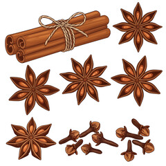 Flavorful winter spice collection with cinnamon sticks, star anise, and cloves for seasonal cooking, vector illustration