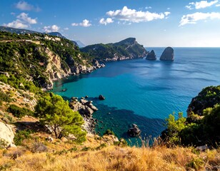 Obraz premium Sunny seaside vista displaying a coastline with azure water and verdant cliffs