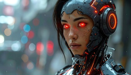 Cybernetic woman with glowing red eyes & robotic enhancements stares into the distance in an urban environment