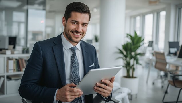 Confident businessman in suit holding a digital tablet and smiling at the camera in a modern office setting - Powered by Adobe